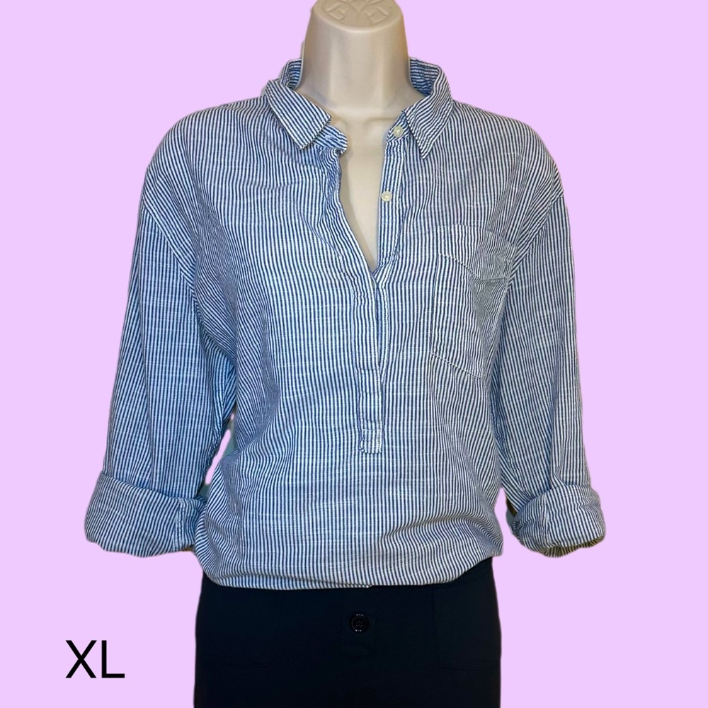 gap blue and white striped button down blouse Large
